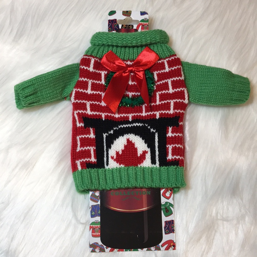 Wine Bottle Fireplace/Bow Knit “UGLY SWEATER”, NWT